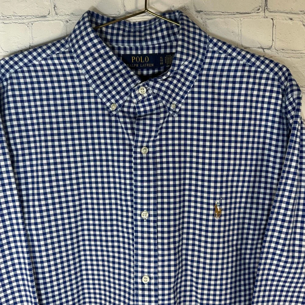 Polo Ralph Lauren Mens XL Classic Fit Gingham Button Down Shirt Blue White Cotto